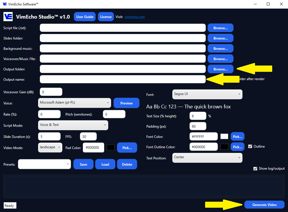 Clicking generate in VimEcho Studio