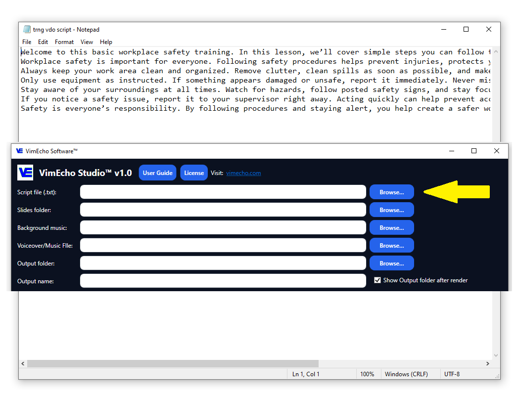 Selecting a script in VimEcho Studio