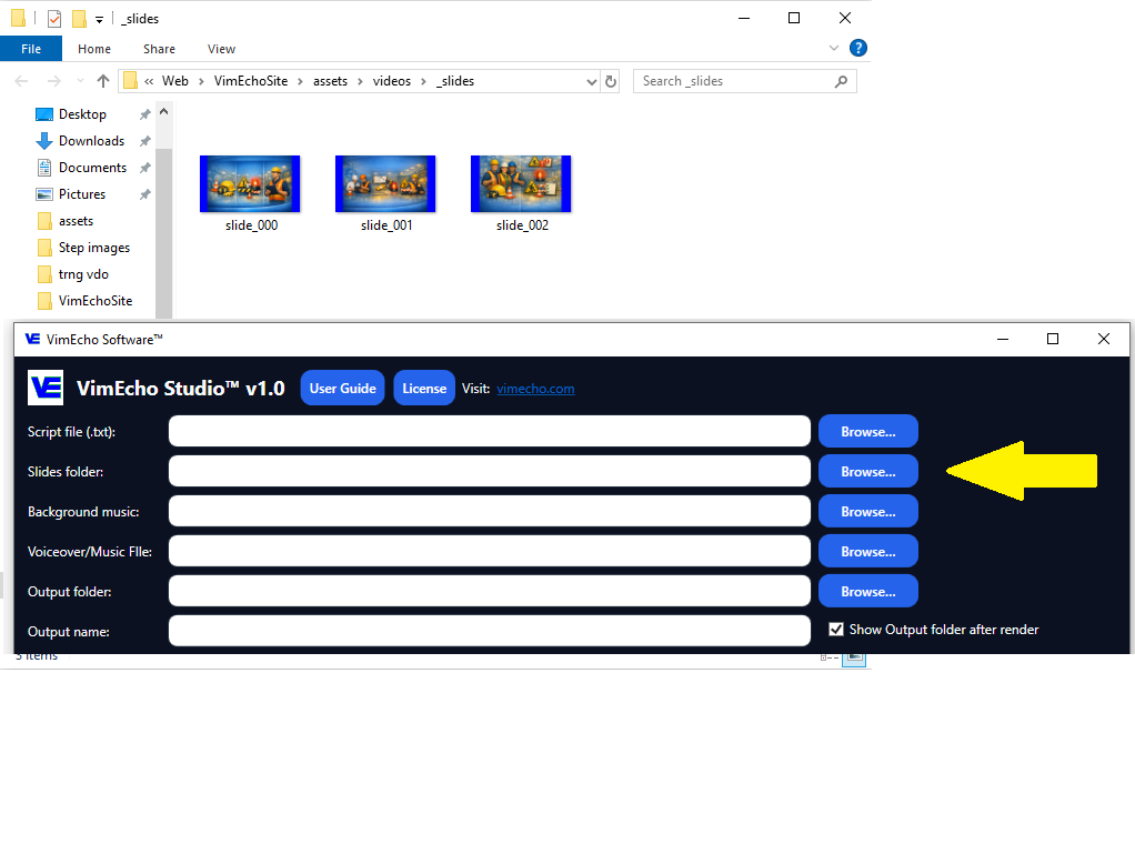 Choosing a slide folder in VimEcho Studio